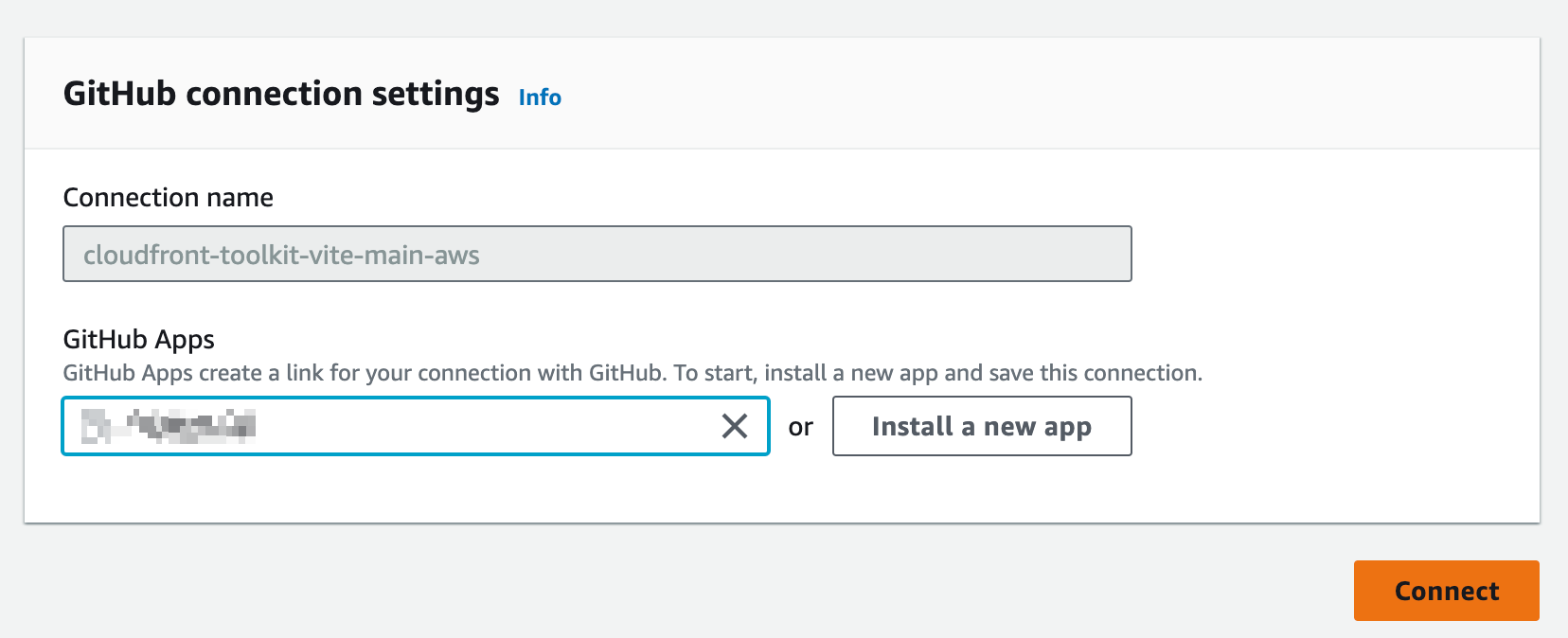 Screenshot of the GitHub connection settings interface. It includes fields for "Connection name" and "GitHub Apps," with options to install a new app or connect. There is an orange "Connect" button at the bottom right.