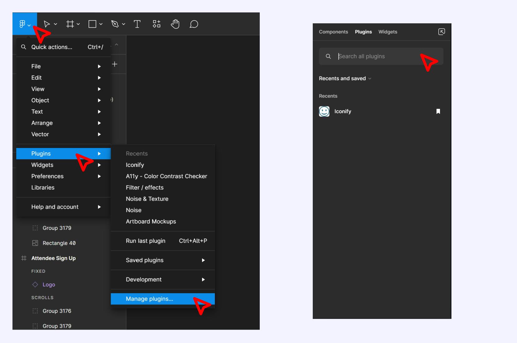 Image showing the direction on how to access Figma plugins from the community