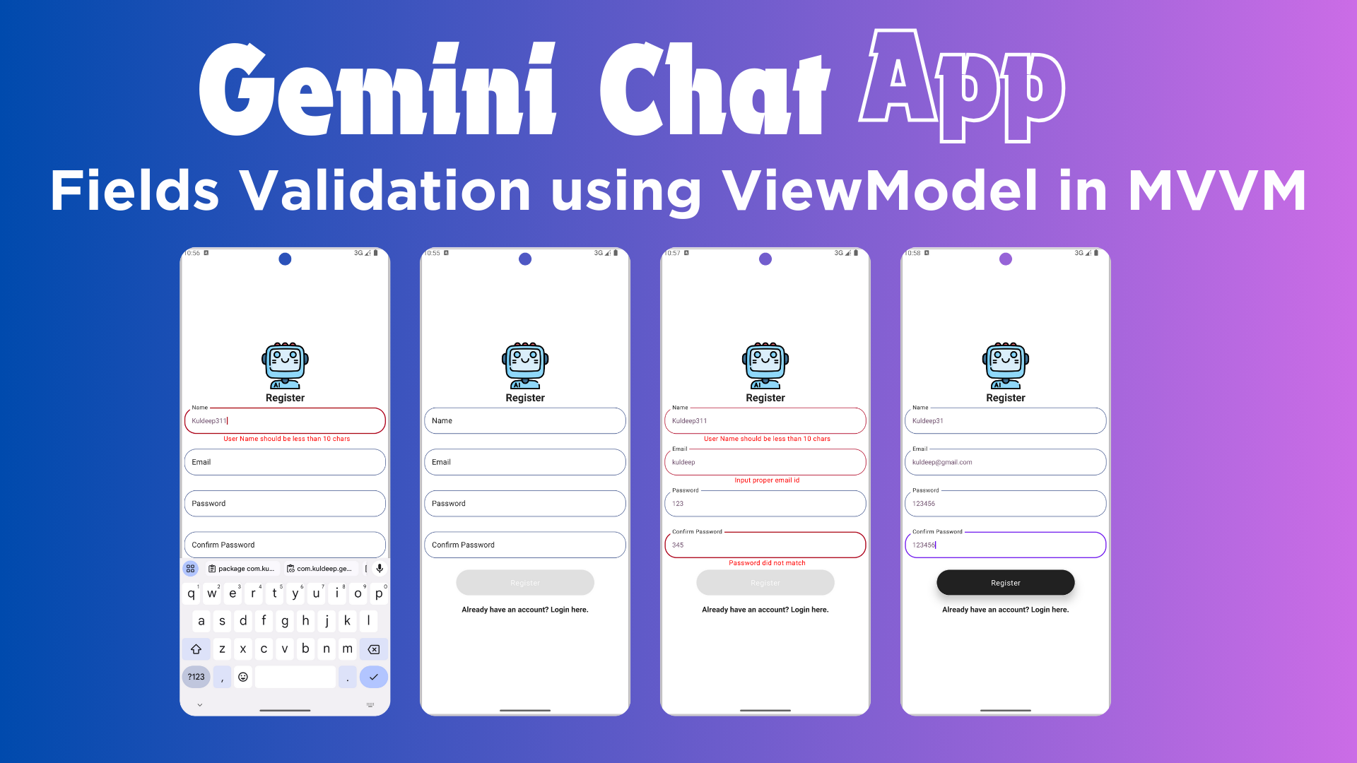 Android Jetpack Compose | Register page fields Validation using ViewModel in MVVM