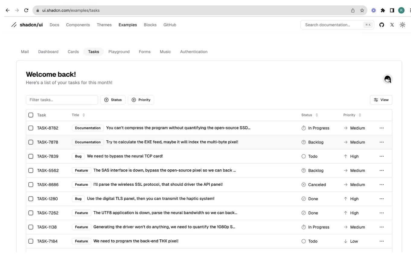 shadcn-ui/ui codebase analysis: Tasks example explained.