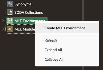 Screenshot showing the dropdown menu with options to create an MLE Environment by right clicking on the MLE Environment entry in the Object Browser