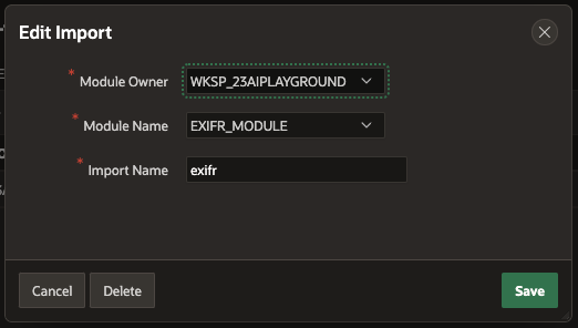 Screenshot showing the the import module dialog with options used in this blog post to load the exifr library