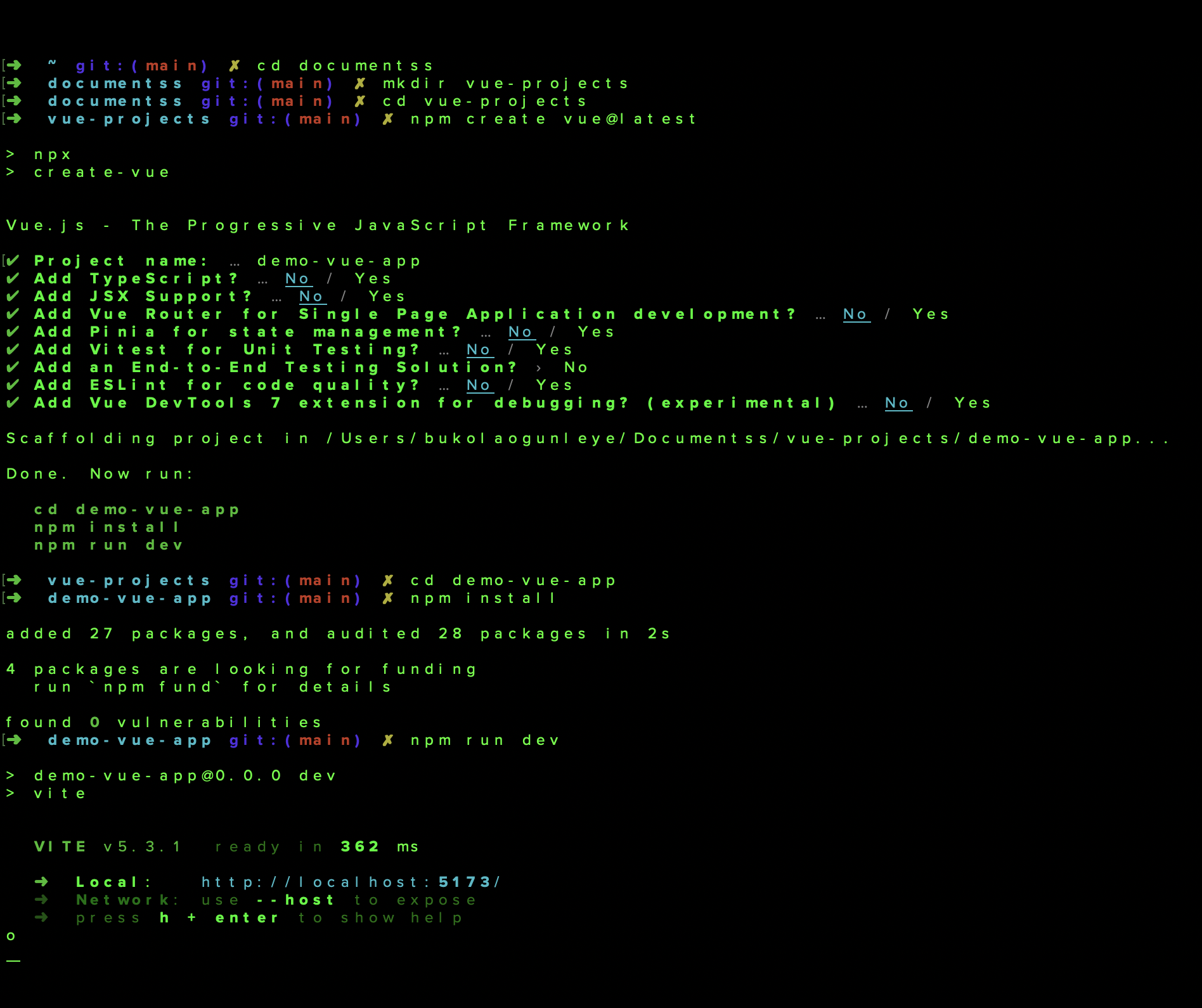 A screenshot of the terminal showing the progression of commands use to scaffold a new Vue project created with Vite