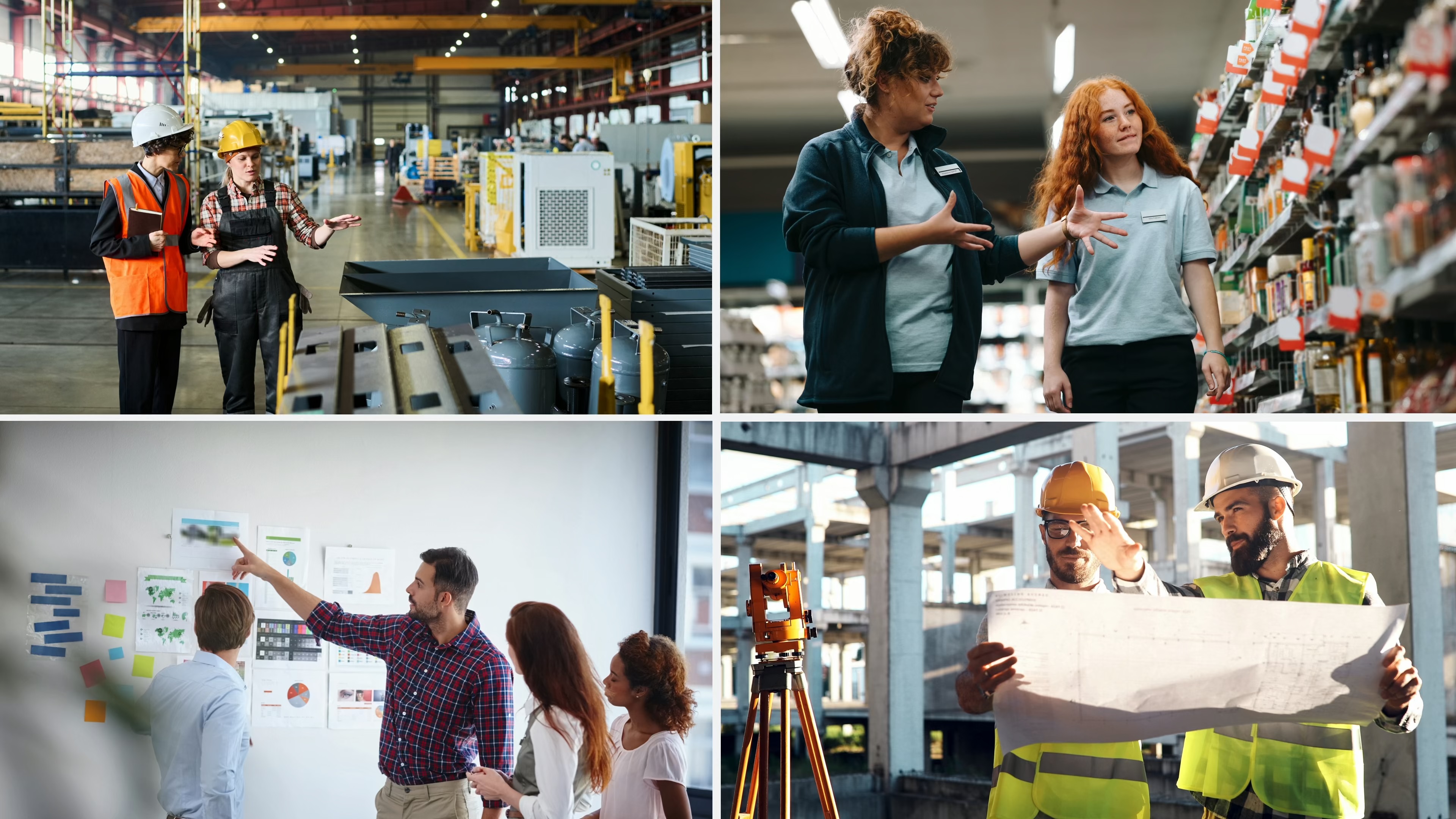 A collage of four images showing different work environments: Top left: Two people in hard hats and safety vests discussing in a factory setting. Top right: Two employees conversing in a store aisle. Bottom left: A group of people in an office discussing in front of a wall with charts and sticky notes. Bottom right: Two construction workers in hard hats and safety vests examining a blueprint at a construction site.