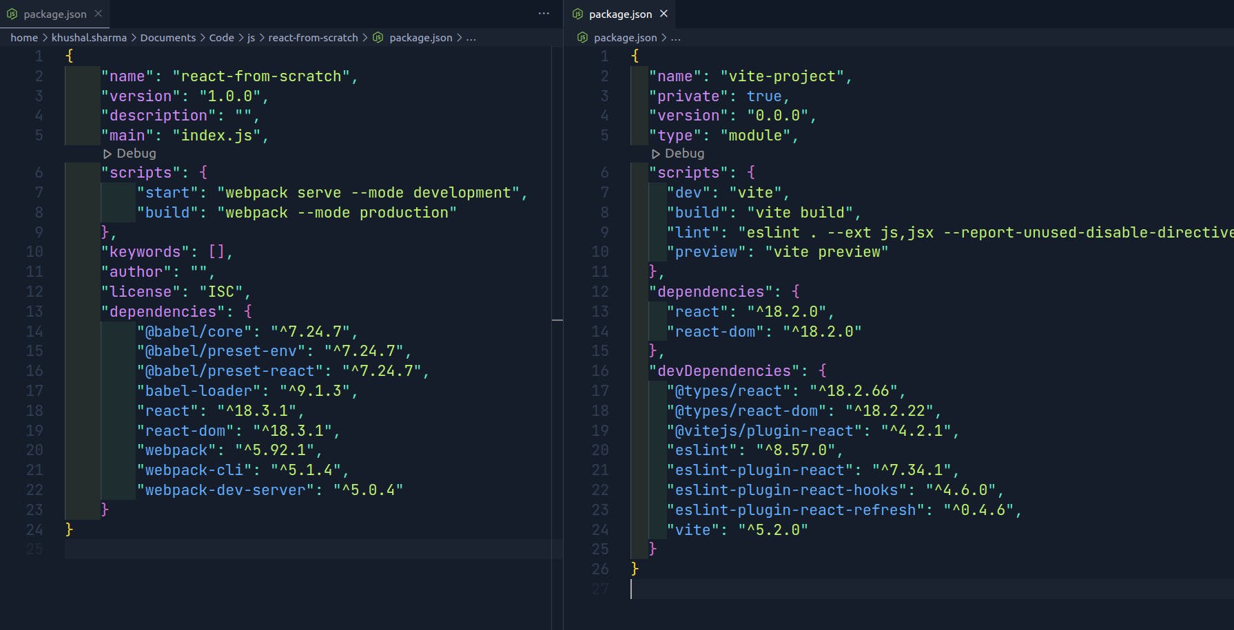 package.json of two projects, react from scratch on left and vite on right