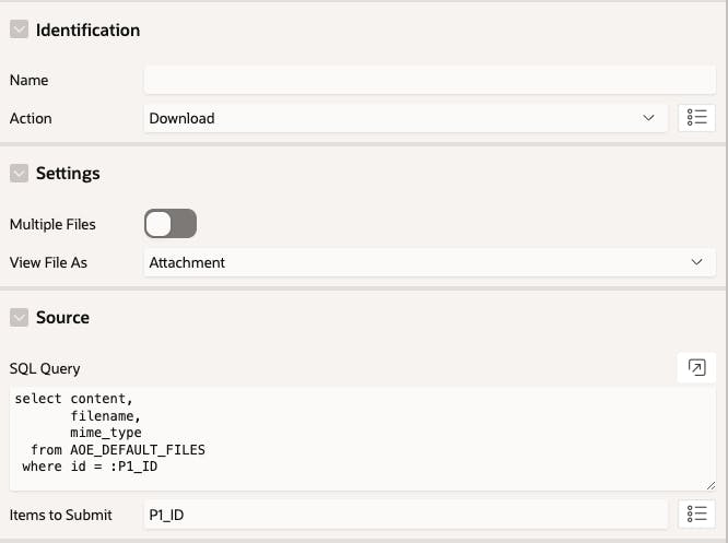 A configuration interface showing sections for Identification, Settings, and Source. Identification includes fields for Name and Action (set to "Download"). Settings include options for selecting multiple files (toggle off) and viewing files as attachments. Source displays an SQL query for selecting content from a database table and an item labeled "Items to Submit" with a value "P1_ID".