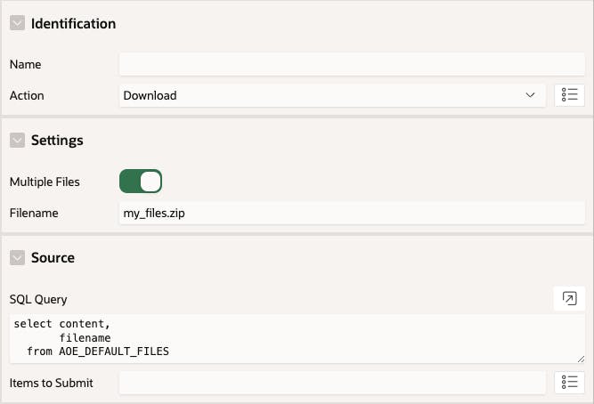 A screenshot of a configuration panel with three sections: Identification, Settings, and Source. In Identification, "Action" is set to "Download." In Settings, "Multiple Files" is toggled on, with the filename "my_files.zip." In Source, an SQL query is written: "select content, filename from AOE_DEFAULT_FILES."