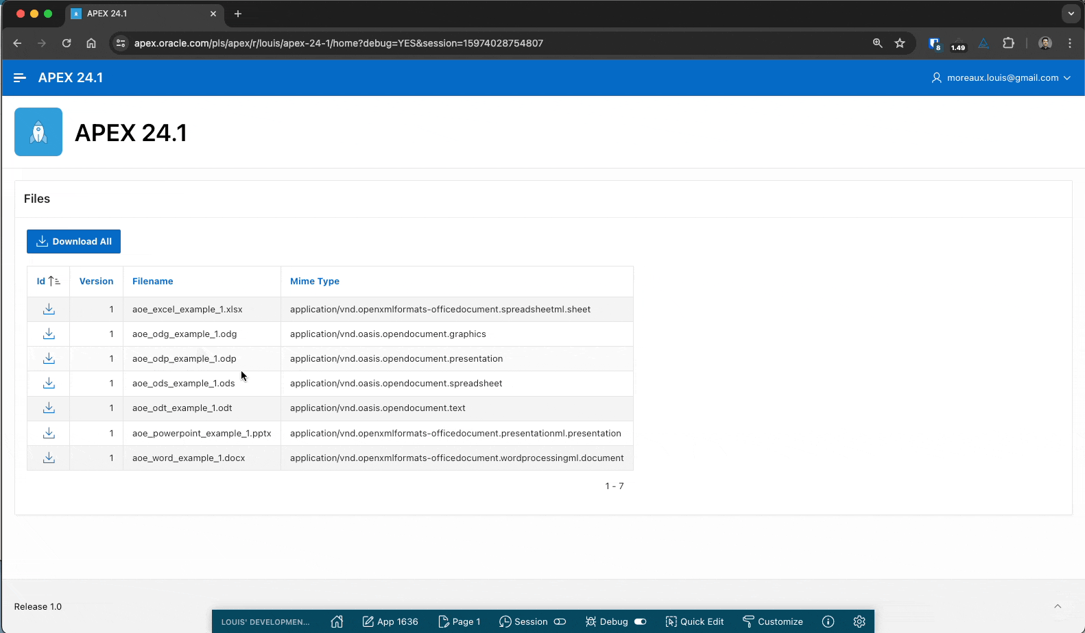 Screenshot of the interface for APEX 24.1, showing a list of downloadable files. There is a "Download All" button and a table displaying file details such as ID, Version, Filename, and Mime Type. The table lists several files, including "aoe_excel_example_1.xlsx" and "aoe_word_example_1.docx". When the user click on the download icon in the table then a single file is downloaded, if the Download All button is clicked then a zip archive is downloaded