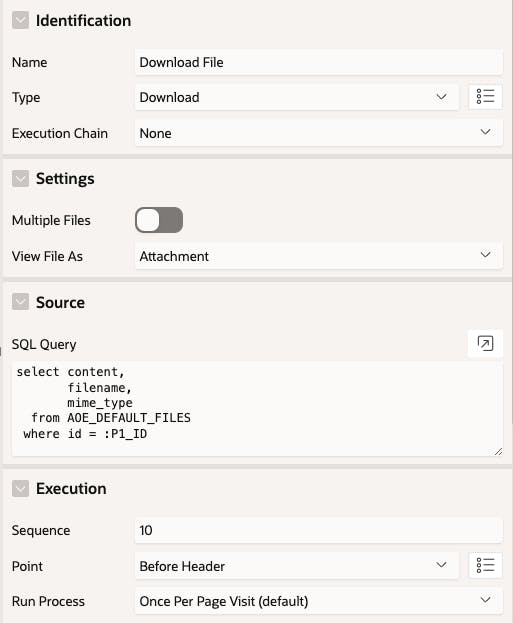 A screenshot of a configuration interface showing settings for downloading a file. - The "Identification" section includes parameters for name (Download File), type (Download), and execution chain (None).- The "Settings" section includes a toggle for multiple files and a dropdown for view file as (Attachment).- The "Source" section contains an SQL query for selecting content, filename, and mime type from a database where ID equals a parameter.- The "Execution" section has fields for sequence (10), point (Before Header), and run process (Once Per Page Visit).