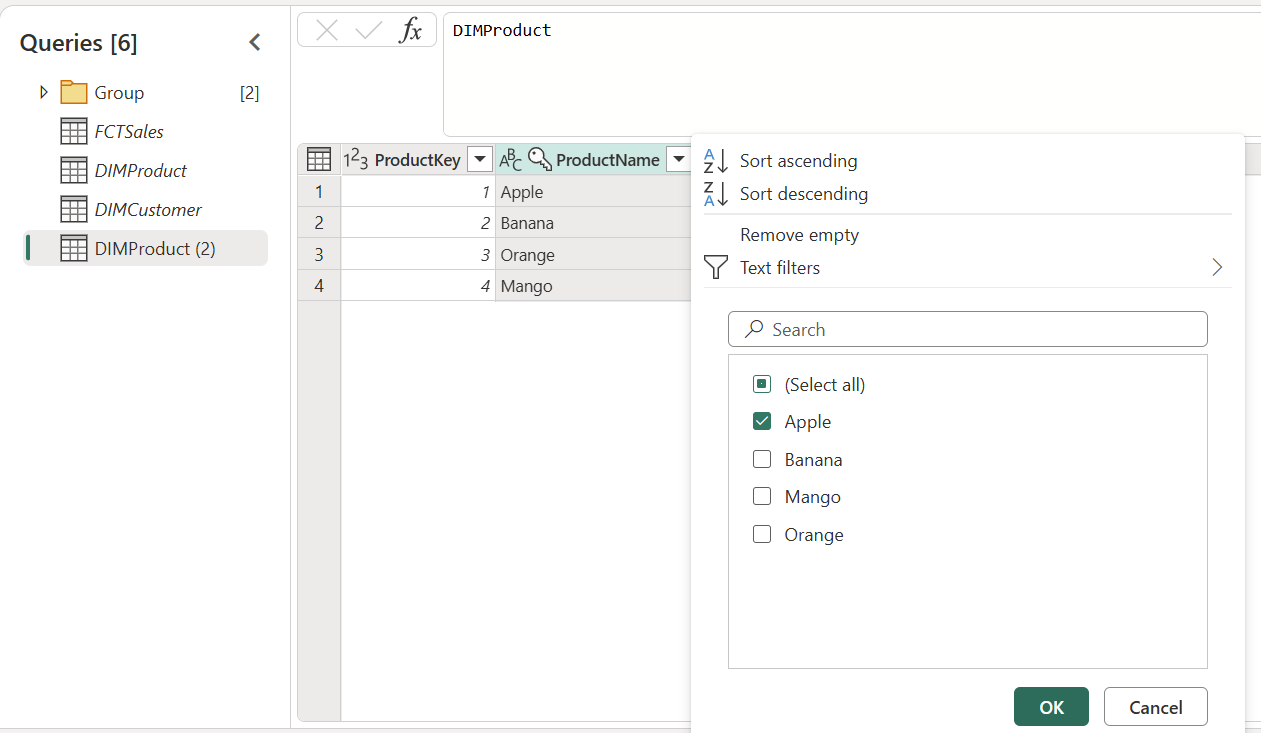 Power Query editor displaying a table with columns labeled "ProductKey" and "ProductName" and rows filled with data for Apple, Banana, Orange, and Mango. The "ProductName" column shows a filter dropdown with only "Apple" selected. The "Queries" pane on the left lists four queries including "FCTSales" and "DIMCustomer."