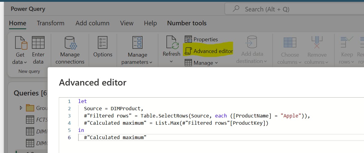 A screenshot of the "Power Query" window in Microsoft Power BI with the "Advanced editor" highlighted in yellow. The editor shows code that filters a table to select rows where the "ProductName" is "Apple" and calculates the maximum value of "ProductKey" from these filtered rows.