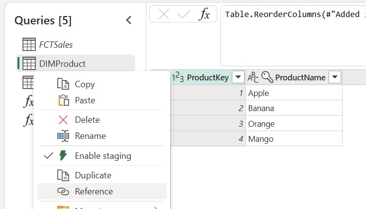 Screenshot of a data table in Power Query. The table has columns for ProductKey and ProductName, listing items such as Apple, Banana, Orange, and Mango. A context menu is open, offering options like Copy, Paste, Delete, Rename, Enable staging, Duplicate, and Reference.
