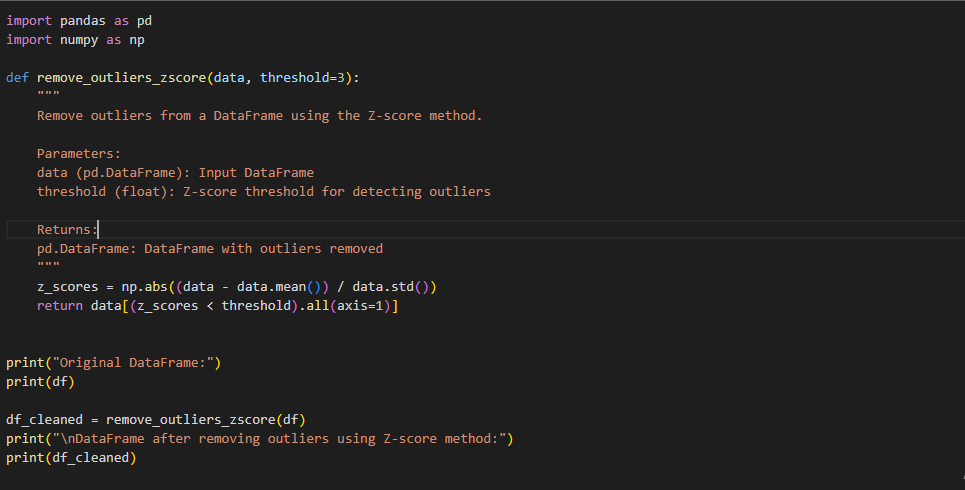 A Python script showing a function  for removing outliers from a DataFrame using the Z-score method. The script imports pandas and numpy libraries, calculates z-scores, and filters the DataFrame based on a threshold. The original DataFrame and the cleaned DataFrame are printed.