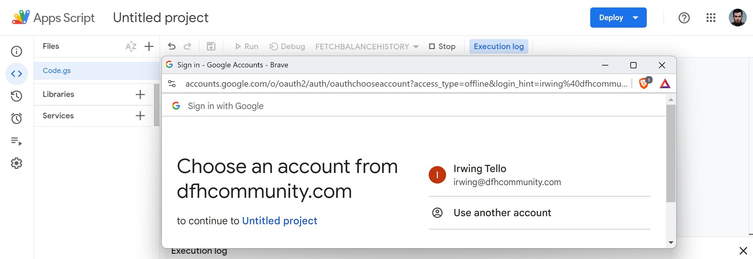 Using Google Apps Script to select our account and set permissions for running scripts