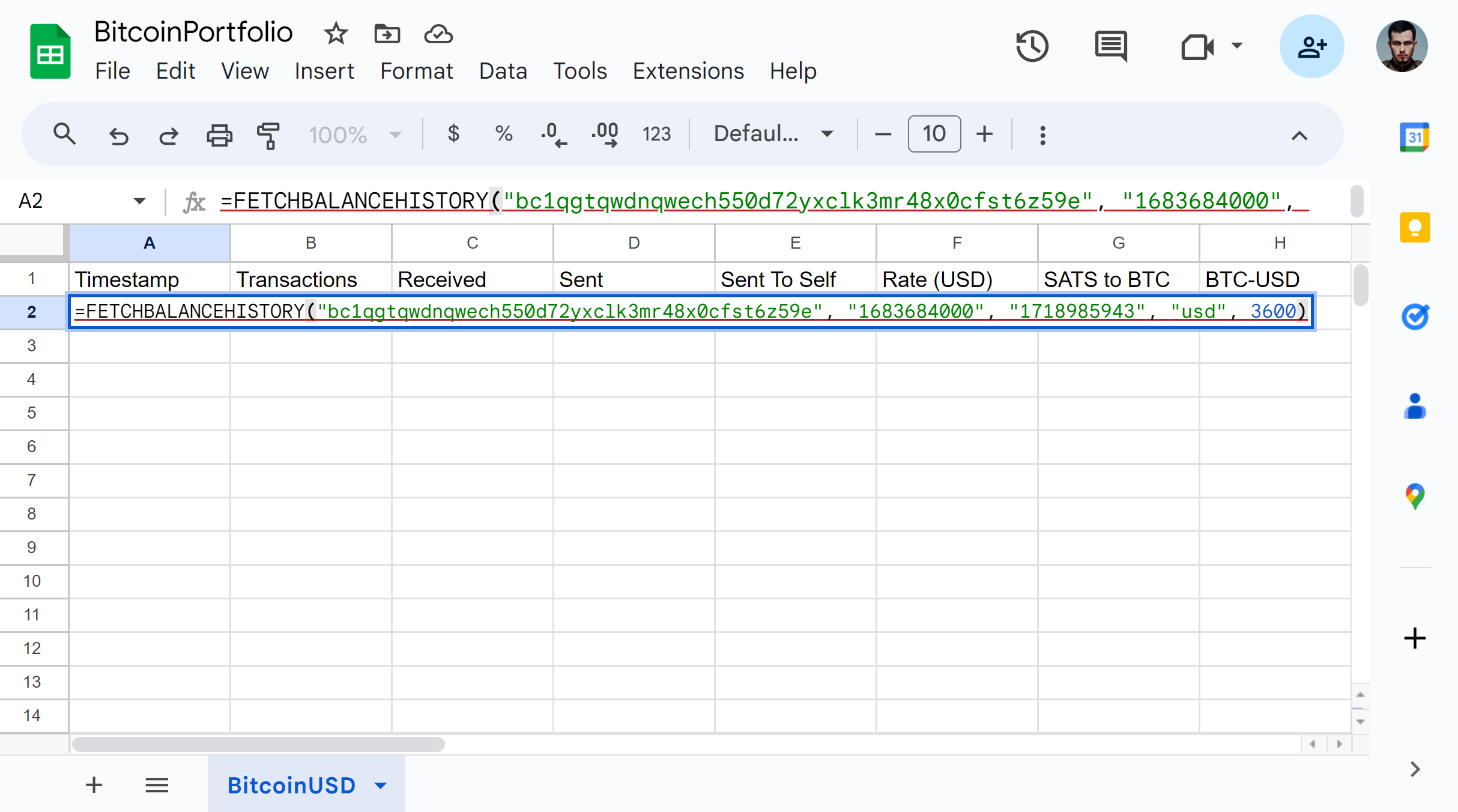 Bitcoin transactions with the function FETCHBALANCEHISTORY(address, fromX, to, fiatCurrency, groupBy)