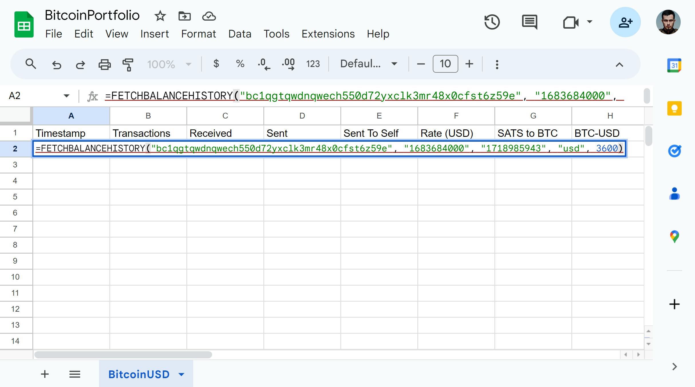 Bitcoin transactions with the function FETCHBALANCEHISTORY(address, fromX, to, fiatCurrency, groupBy)