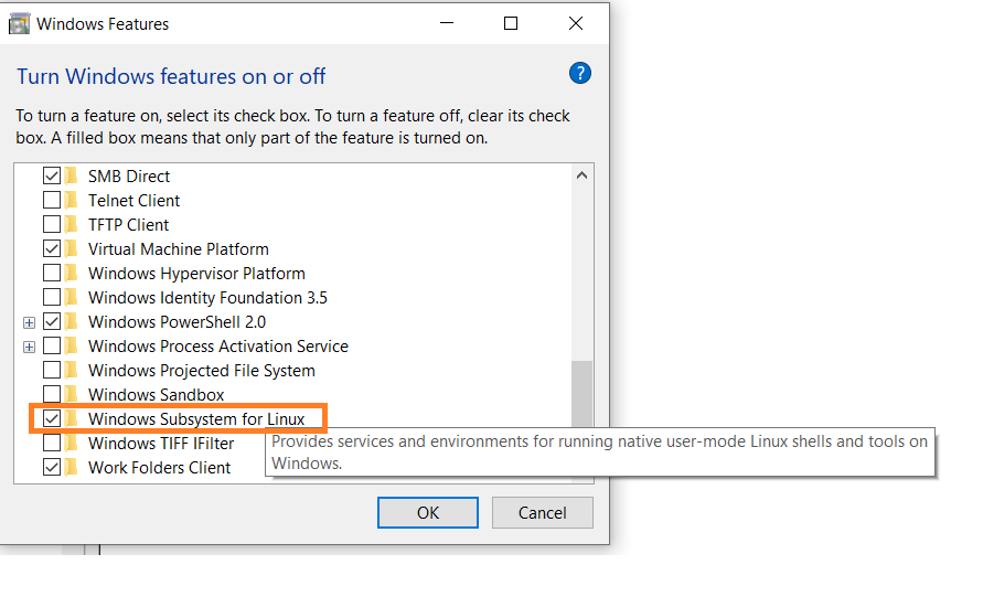 Checking the option "Windows Subsystem for Linux" in Windows features