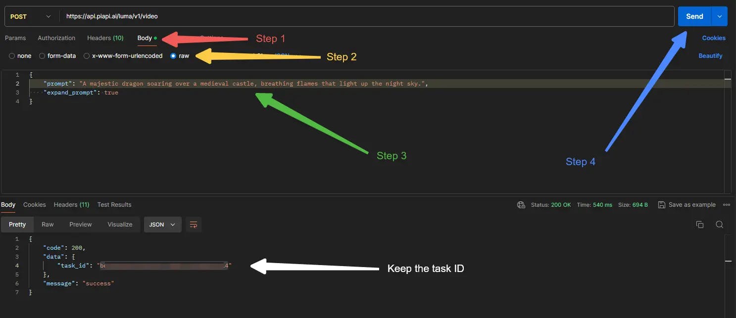 A setup tutorial for generating a Dream Machine API request in Postman by entering the prompt into the code under the "raw" section in "Body"