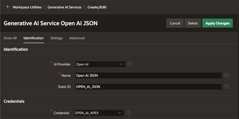 Oracle APEX Generative AI Service - Identification