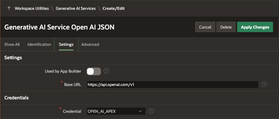 Oracle APEX Generative AI Service - Settings
