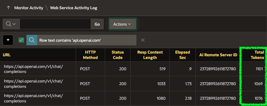 APEX Web Service Activity log showing AI Tokens