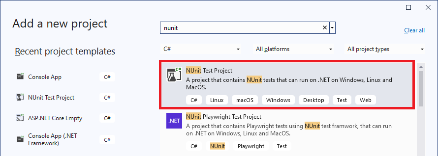 VS Add NUnit project