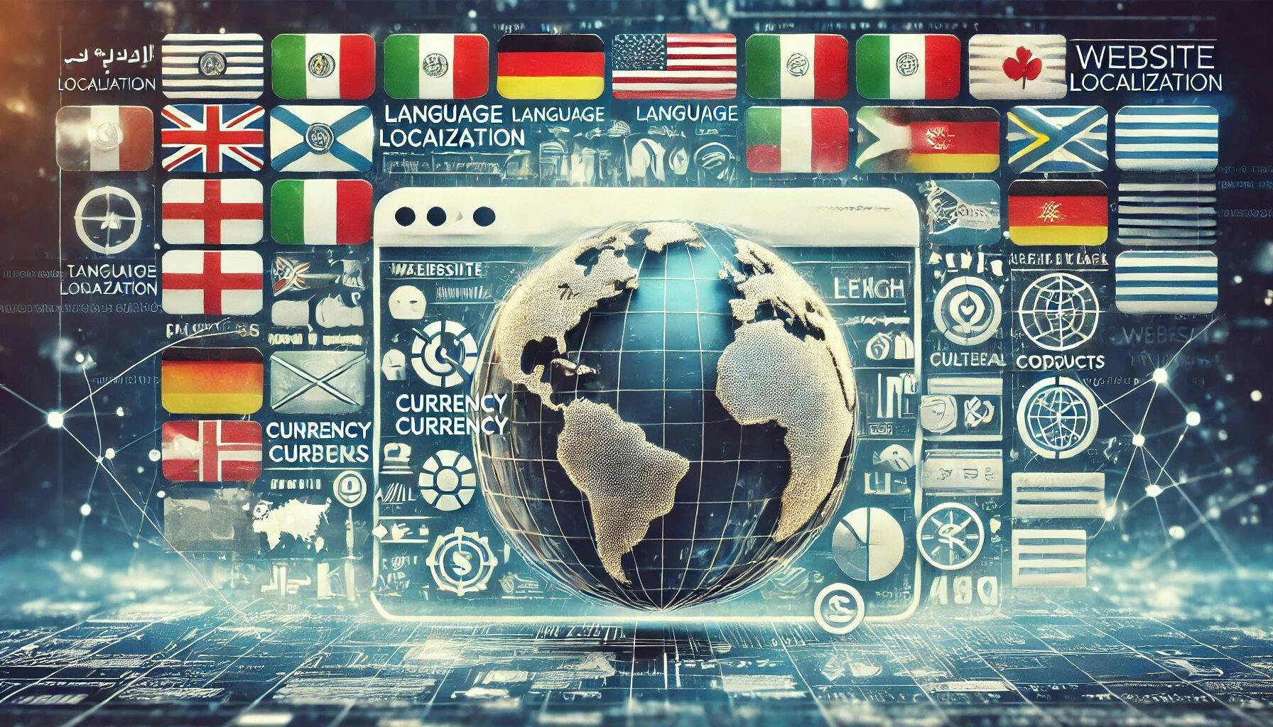 The image depicts website localization and internationalization with a globe at the center, surrounded by national flags, language and currency icons, and UI elements, highlighting the global adaptation of web content.