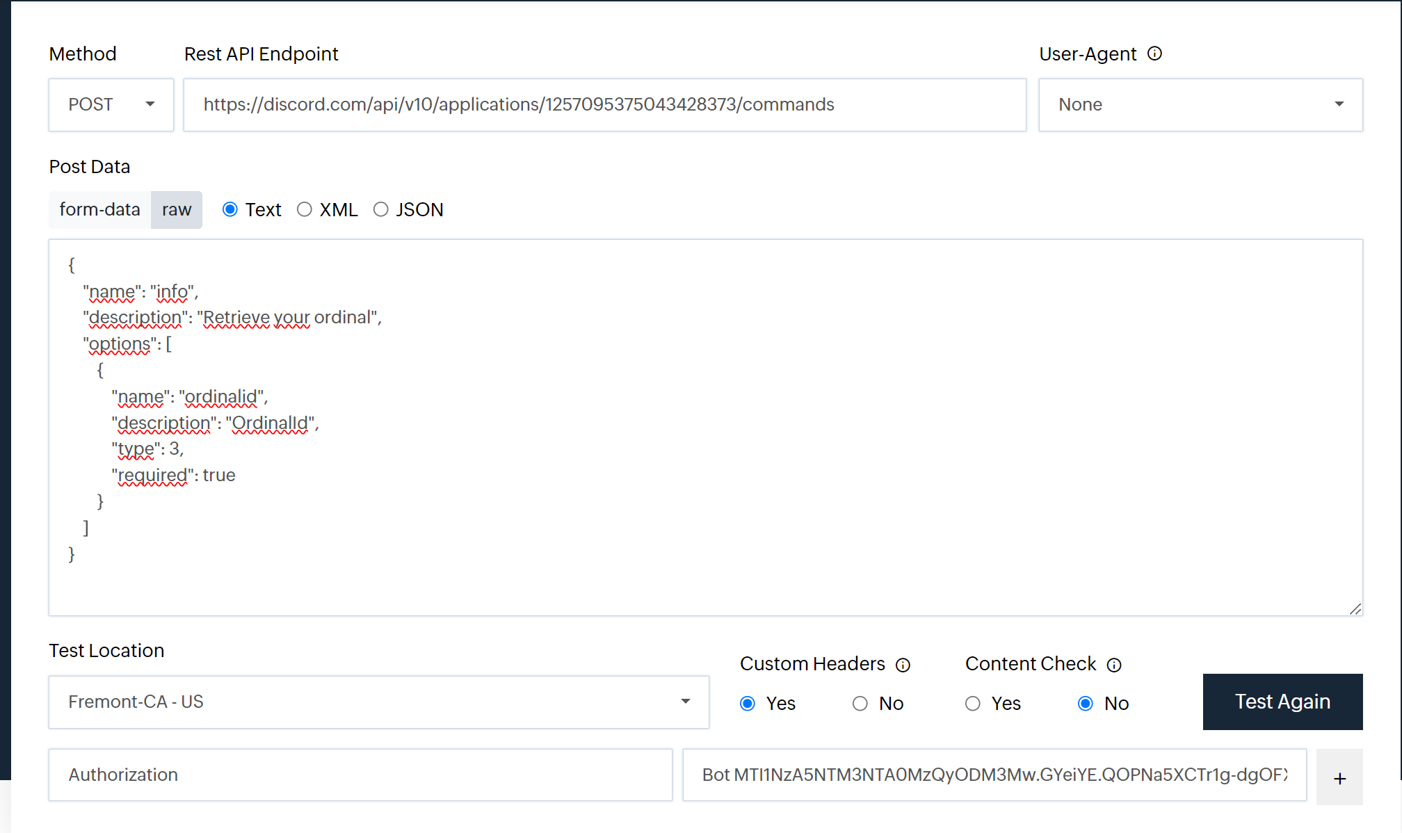 Creating the command "/info" on https://www.site24x7.com/tools/restapi-tester.html