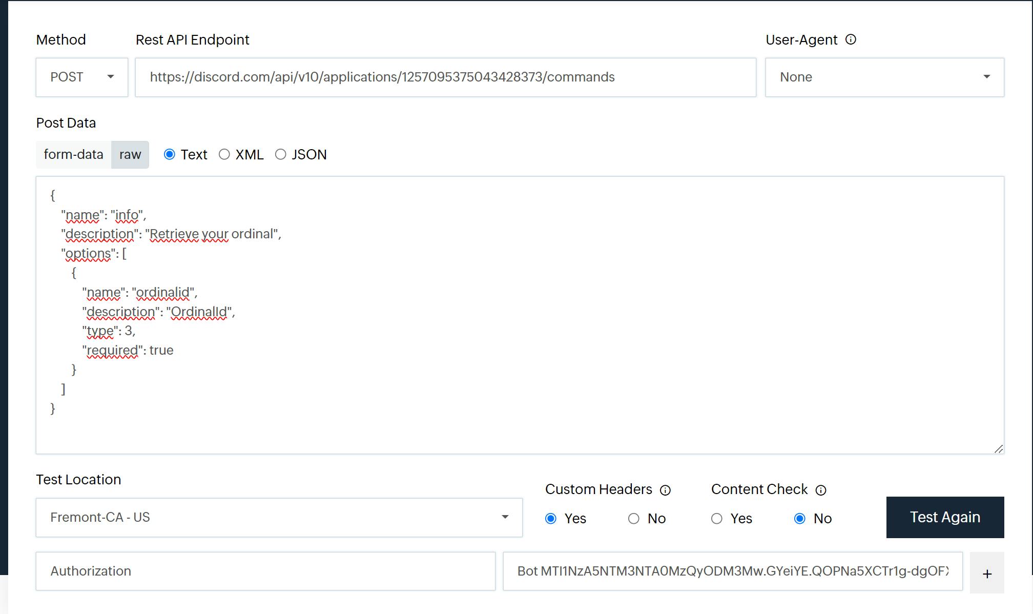 Creating the command "/info" on https://www.site24x7.com/tools/restapi-tester.html