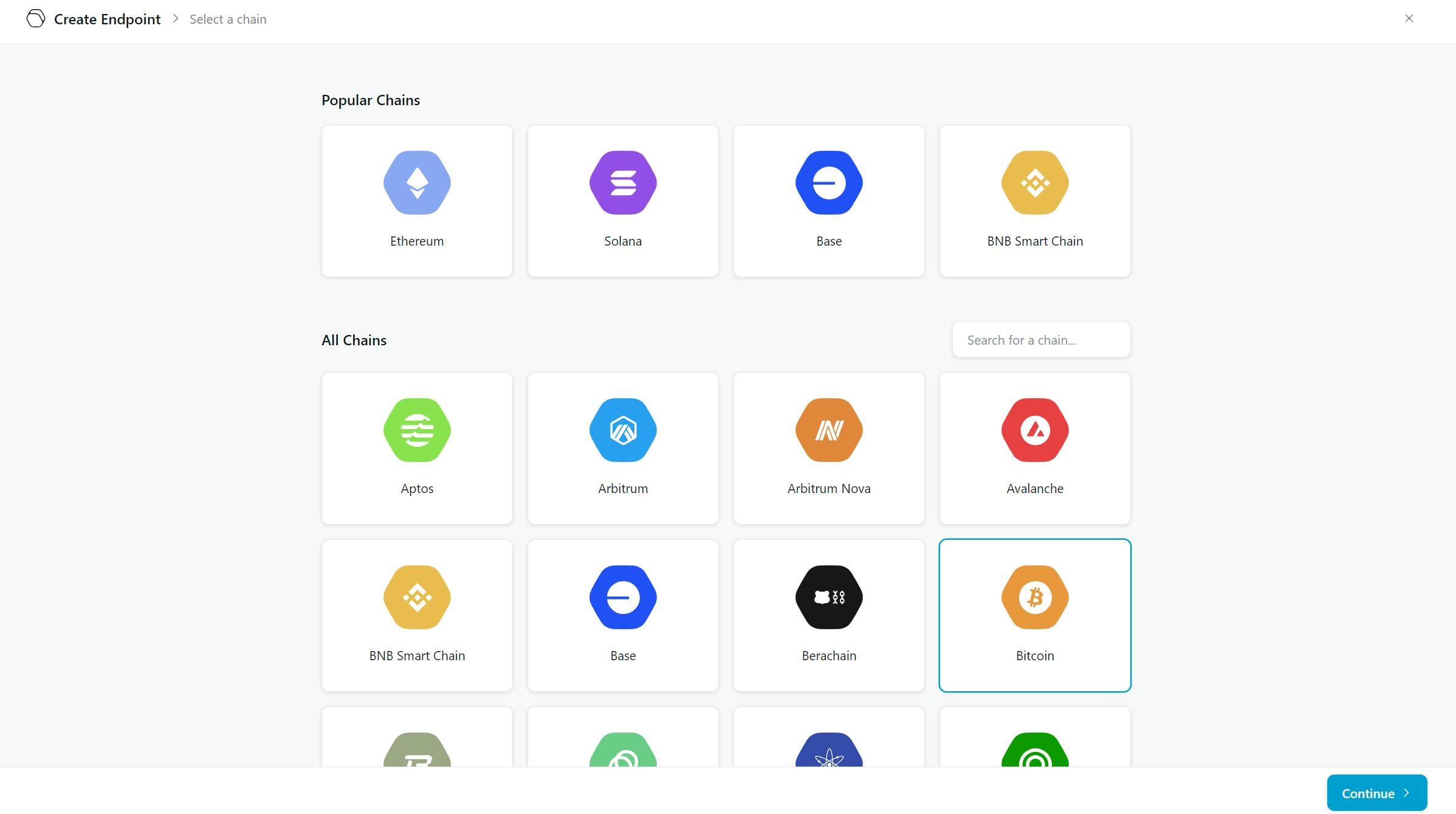 Screenshot of the QuickNode platform to select the desired blockchain to obtain our RPC