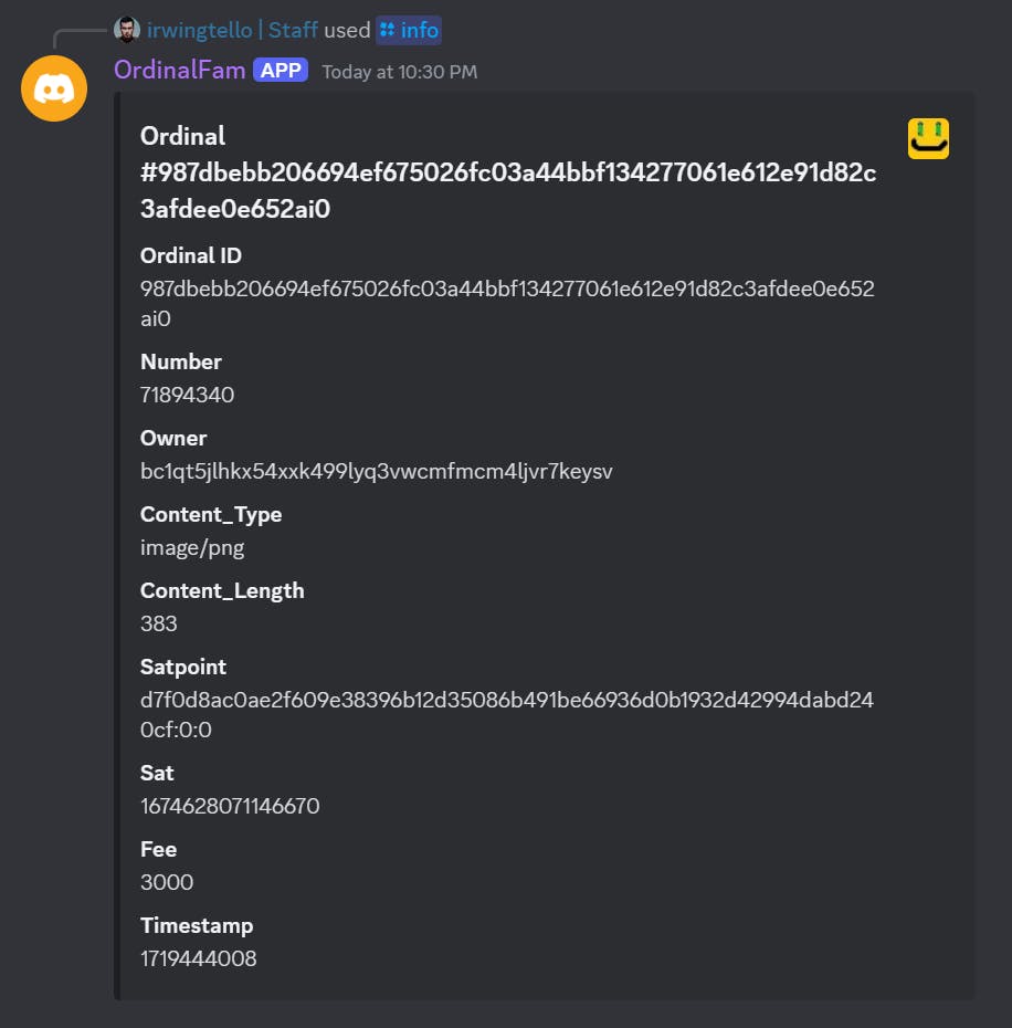 Results from the info command related to the Ordinal Discord bot