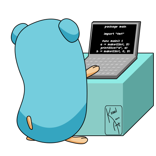 Go gopher typing on computer.