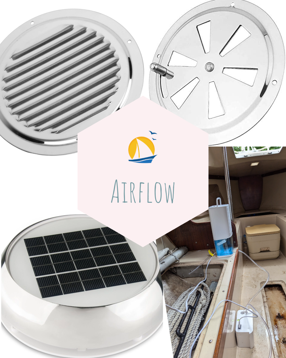 A collage of various airflow treatments for the boat. Two vents, a solar powered vent fan, and a dehumidifier.