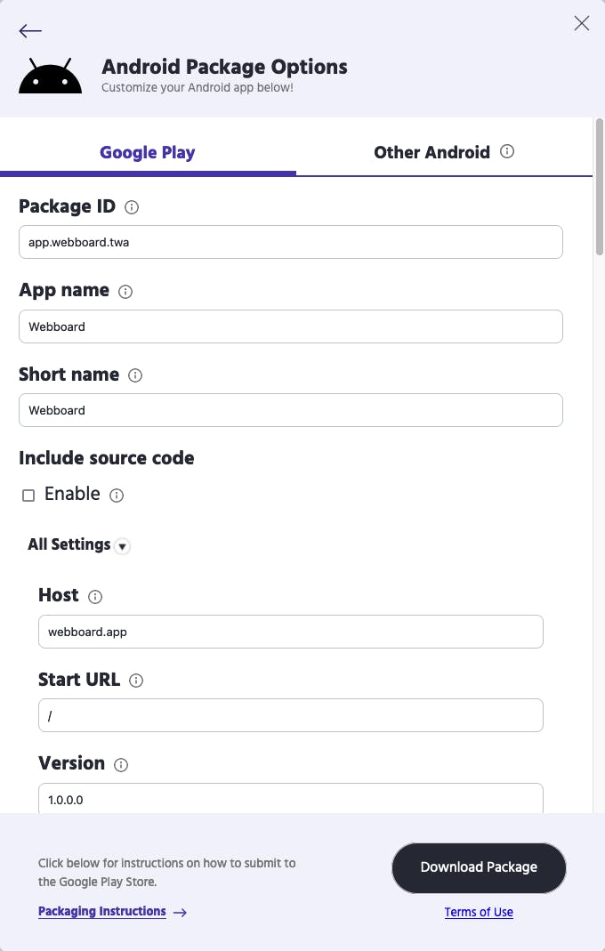 PWABuilder - Andriod Package Options