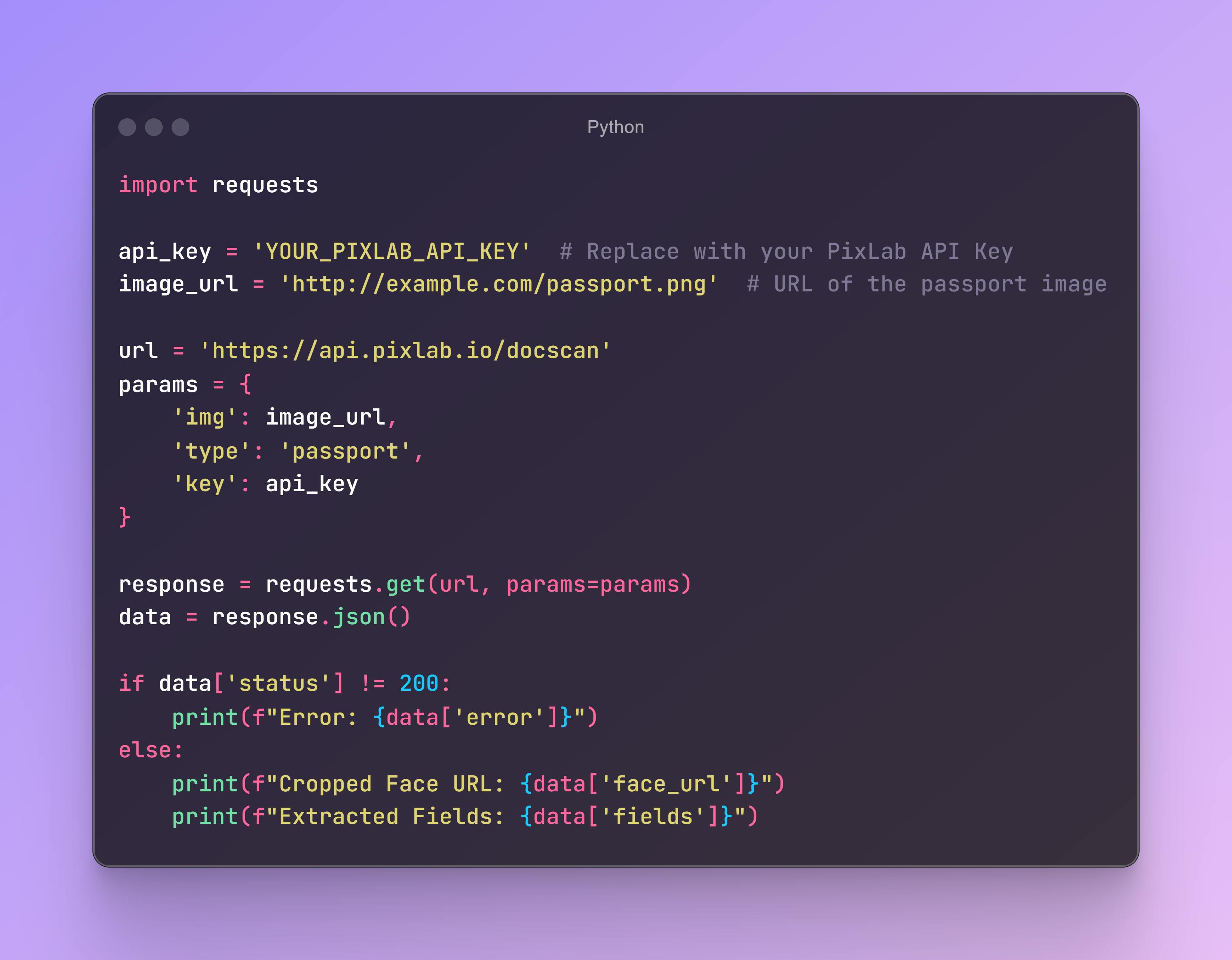 Python code snippet for making a GET request to the PixLab DocScan API. The code imports the 'requests' library, sets the API key and image URL, assembles the parameters including the image URL, type, and API key, and checks the response status. If successful, it prints the cropped face URL and extracted fields; otherwise, it prints an error message.