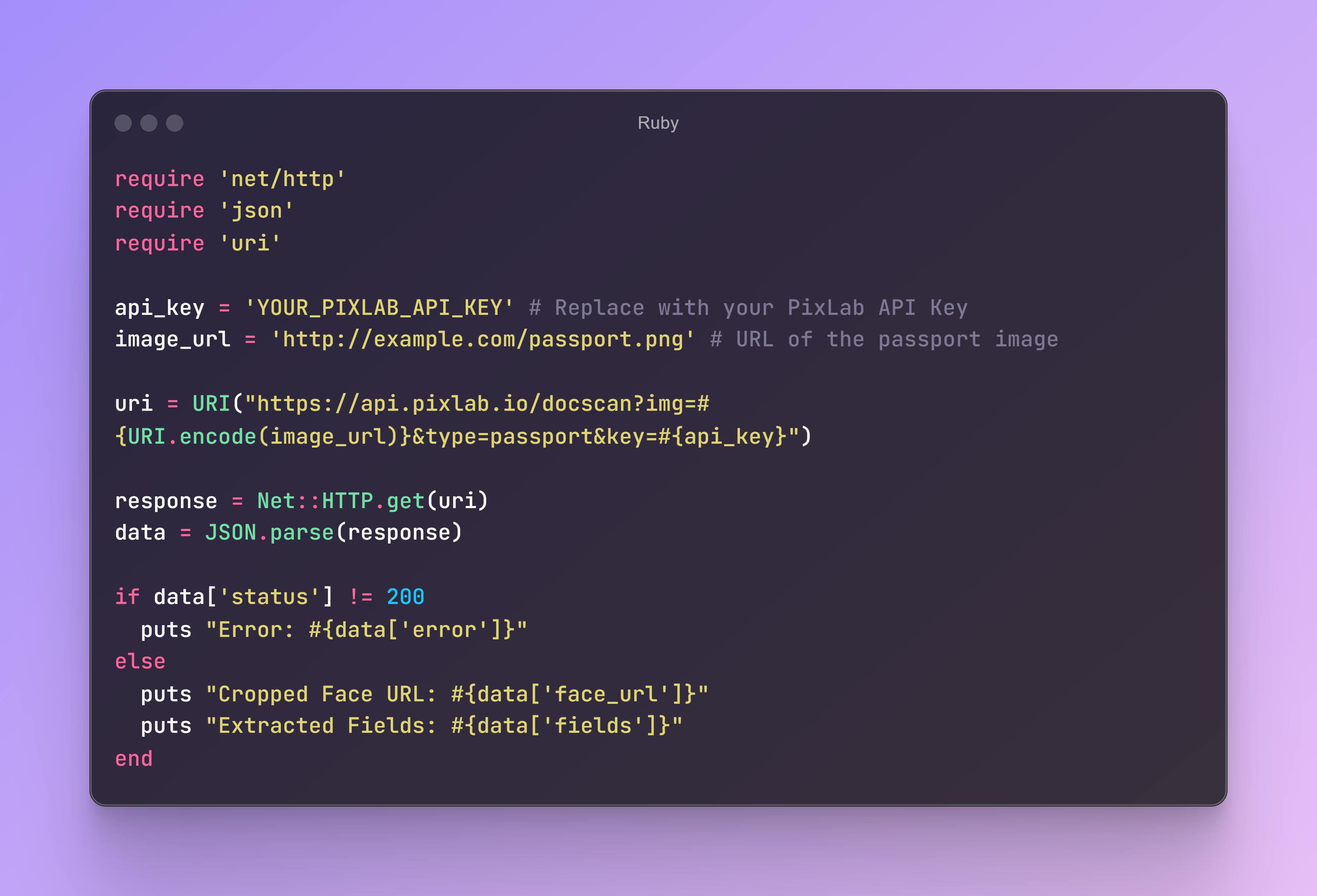A Ruby code snippet displayed on a terminal with a purple gradient background. The code uses the , , and  libraries and demonstrates how to make a GET request to the PixLab API to scan a passport image. It includes placeholders for the API key and the image URL and handles the response to display either an error message or extracted data.