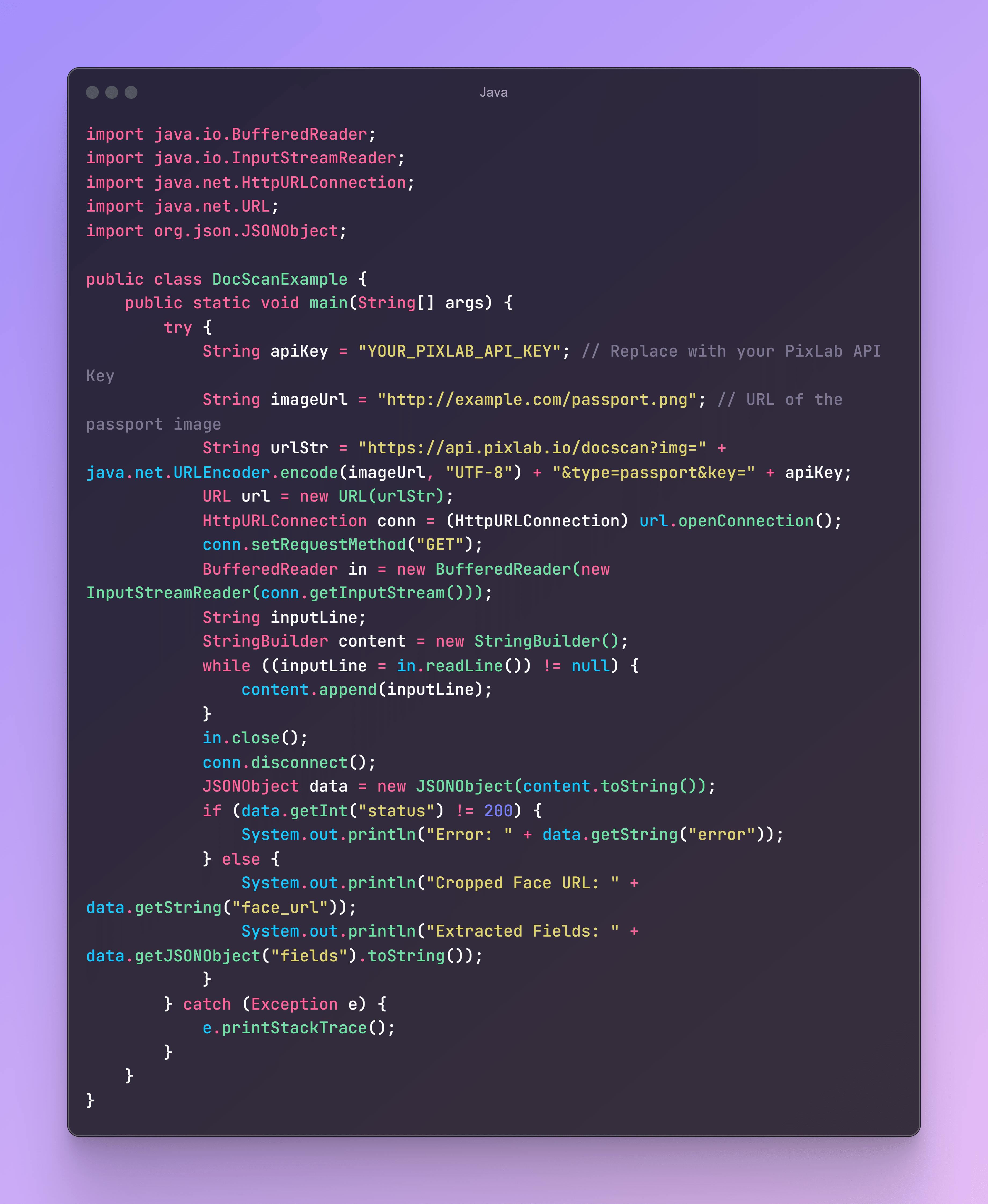 A Java program displayed on a purple background is shown, demonstrating how to use the PixLab API for scanning documents. The code includes importing libraries, setting up an API key and image URL, making an HTTP GET request, reading the response, and handling JSON data for extracted fields and the cropped face URL. Error handling and connection management are also included.