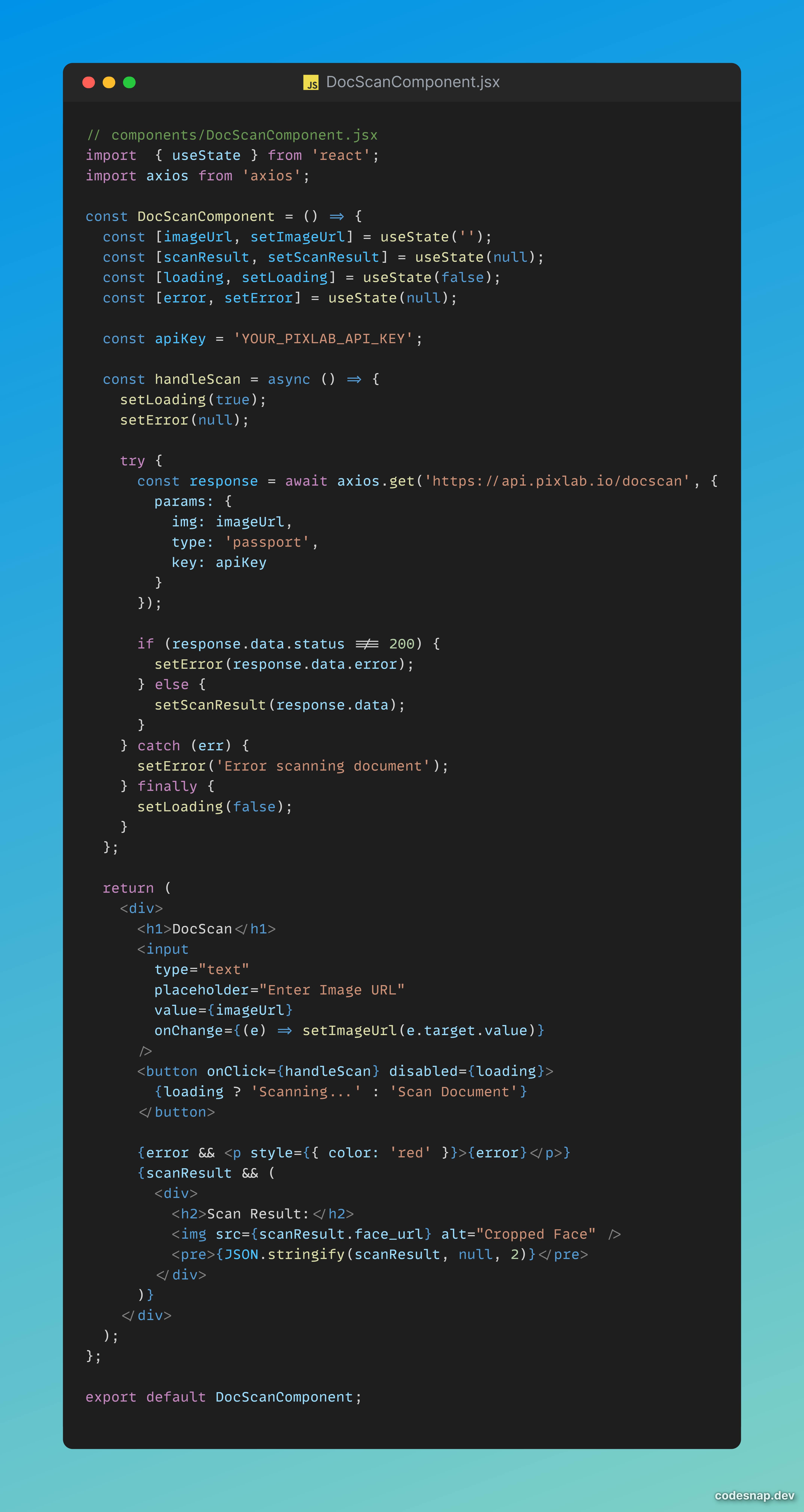 Screenshot of a JavaScript file named "DocScanComponent.jsx". It imports React and Axios libraries, defines a component that scans a document using the Pixlab API, and handles different states such as image URL, scan results, loading, and error. The component includes an API key, input field for an image URL, and a button to initiate the scan. The result is displayed below the button if available.