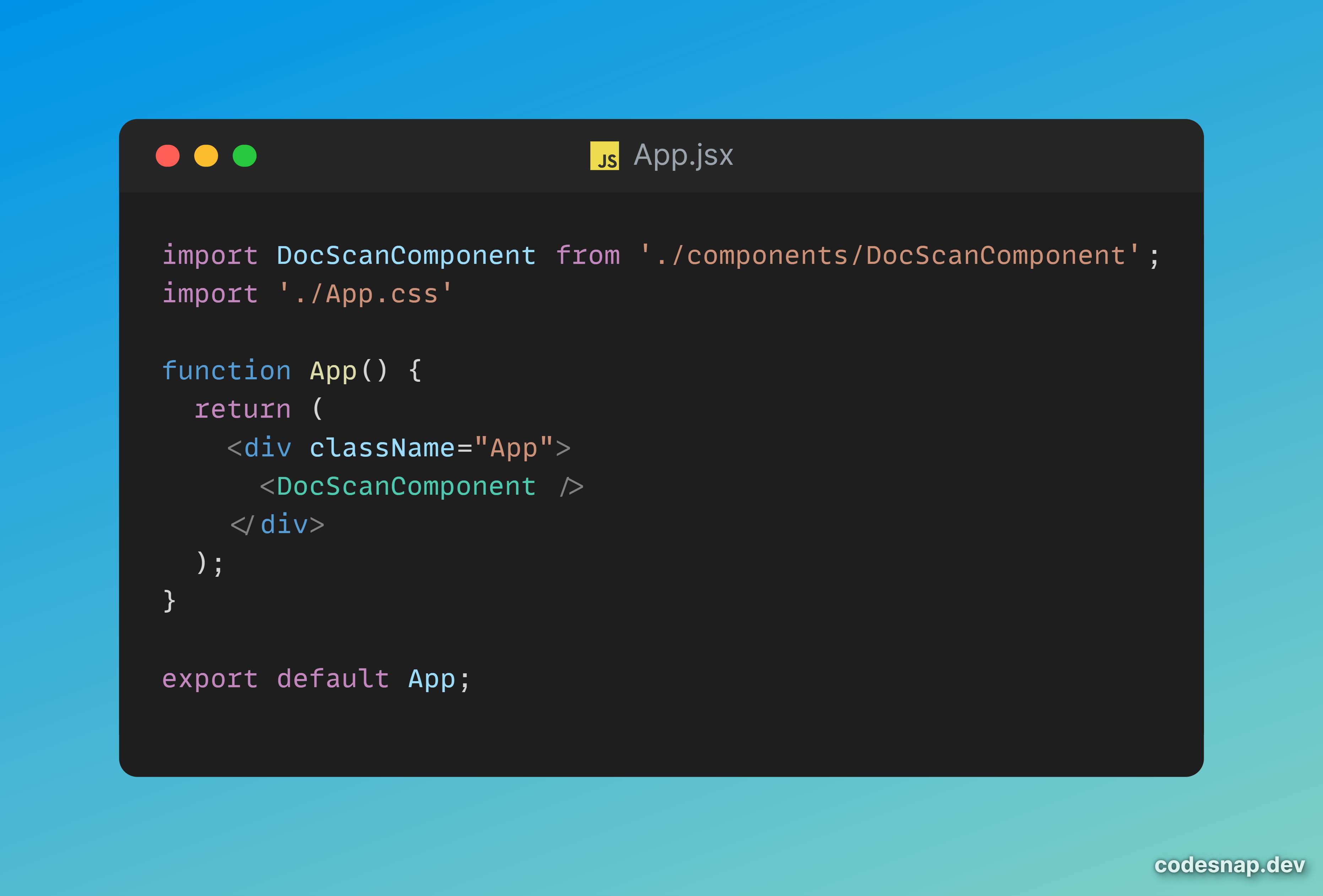 Screenshot of a JavaScript (JSX) code snippet from a file named . The code imports  and a CSS file, defines and exports a function , which returns a  with  containing the . The screenshot has a black background with syntax highlighting.