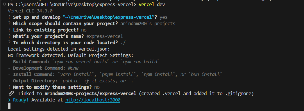 A command-line interface displaying the process of setting up and developing a project using Vercel. It includes steps such as specifying the project directory, choosing whether to link to an existing project, and configuring default project settings. The project is successfully linked and available at http://localhost:3000.