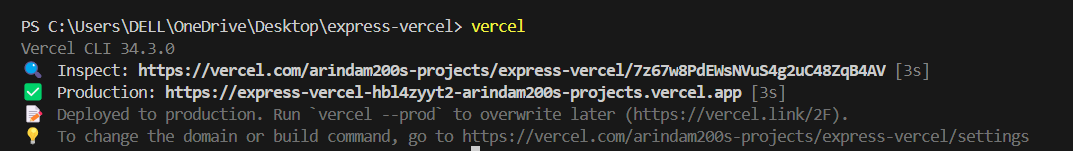 Command line interface showing Vercel CLI 34.3.0. It displays inspection and production URLs for a project along with messages about deployment and changing domain or build command settings.