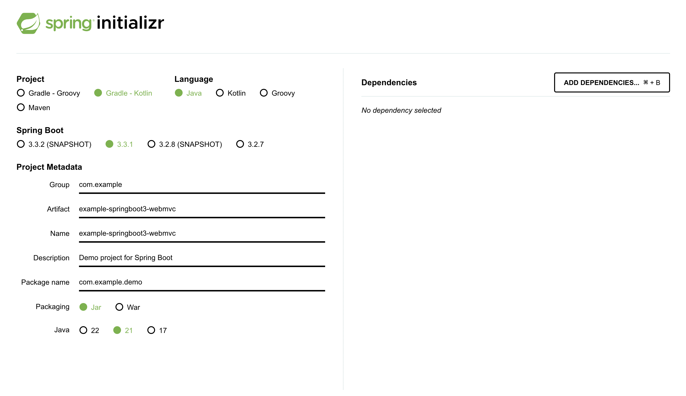 스프링 이니셜라이저 사이트에서 세팅한 내용의 캡처본 사진. 빌드 도구는 그레이들이고, 그레이들의 언어는 코틀린으로, 프로젝트 언어는 자바로, 버전은 스냅샷이 아닌 것 중 가장 높은 버전으로 선택하였다. 이 시점에서는 삼쩜삼쩜일 버전이 가장 높다. 그룹명은 com.example이고, 아티팩트 이름과 네임은 example-springboot3-webmvc이다. 디스크립션은 수정할 필요가 없고, 패키징은 jar로 한다. 자바 버전은 21로 선택했다. 오른쪽 디펜던시스는 아무것도 추가하지 않았다.