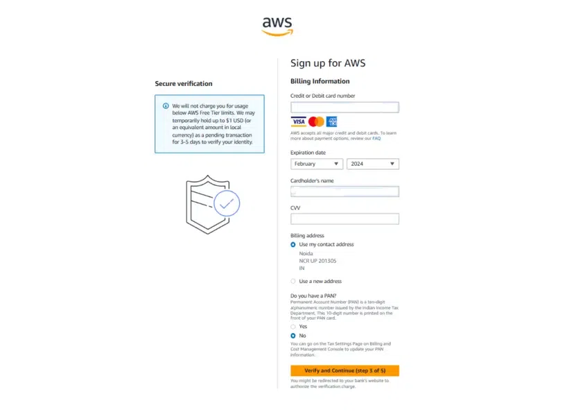 Sign-up page for AWS showing billing information fields. Users are prompted to enter their credit or debit card number, expiration date, cardholder's name, CVV, and billing address. A note indicates a temporary hold of up to $1 USD for identity verification. Options for PAN information are also present. A "Verify and Continue" button is at the bottom.