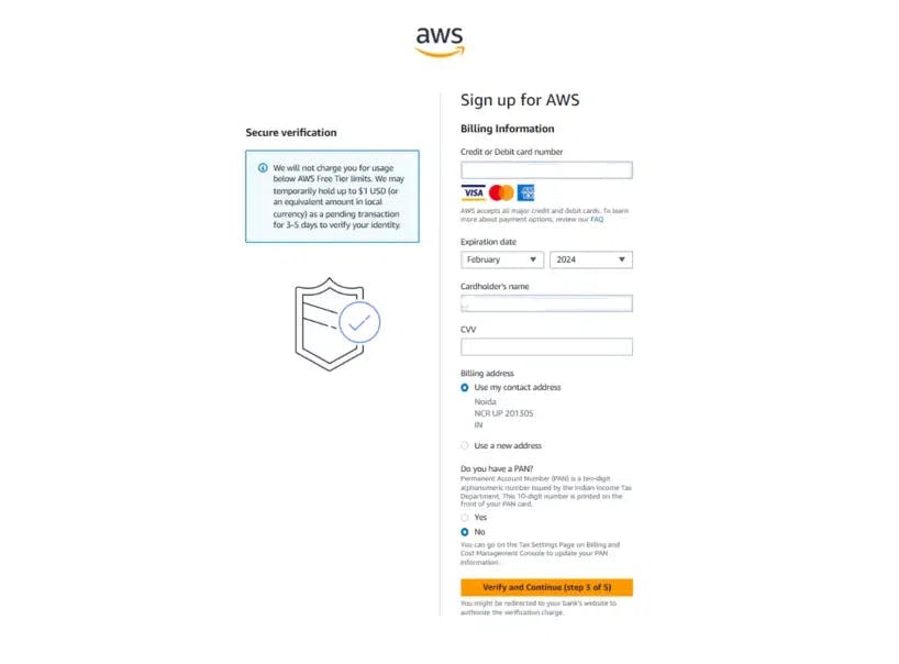 Sign-up page for AWS showing billing information fields. Users are prompted to enter their credit or debit card number, expiration date, cardholder's name, CVV, and billing address. A note indicates a temporary hold of up to $1 USD for identity verification. Options for PAN information are also present. A "Verify and Continue" button is at the bottom.