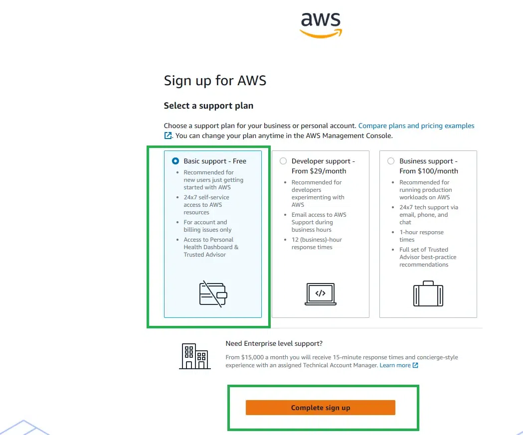 Signup page for AWS with three support plan options: Basic Support (free), Developer Support (from $29/month), and Business Support (from $100/month). A section for Enterprise-level support is available, and the "Complete sign up" button is highlighted at the bottom.