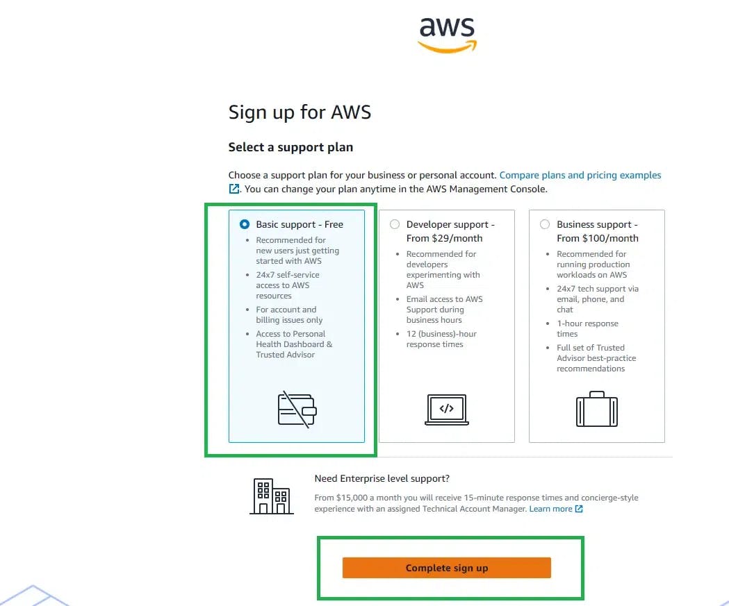 Signup page for AWS with three support plan options: Basic Support (free), Developer Support (from $29/month), and Business Support (from $100/month). A section for Enterprise-level support is available, and the "Complete sign up" button is highlighted at the bottom.