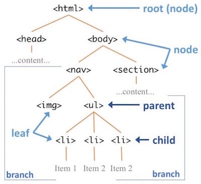 sample of HTML document's tree structure, starting with html as the root node with two nodes below of head and body