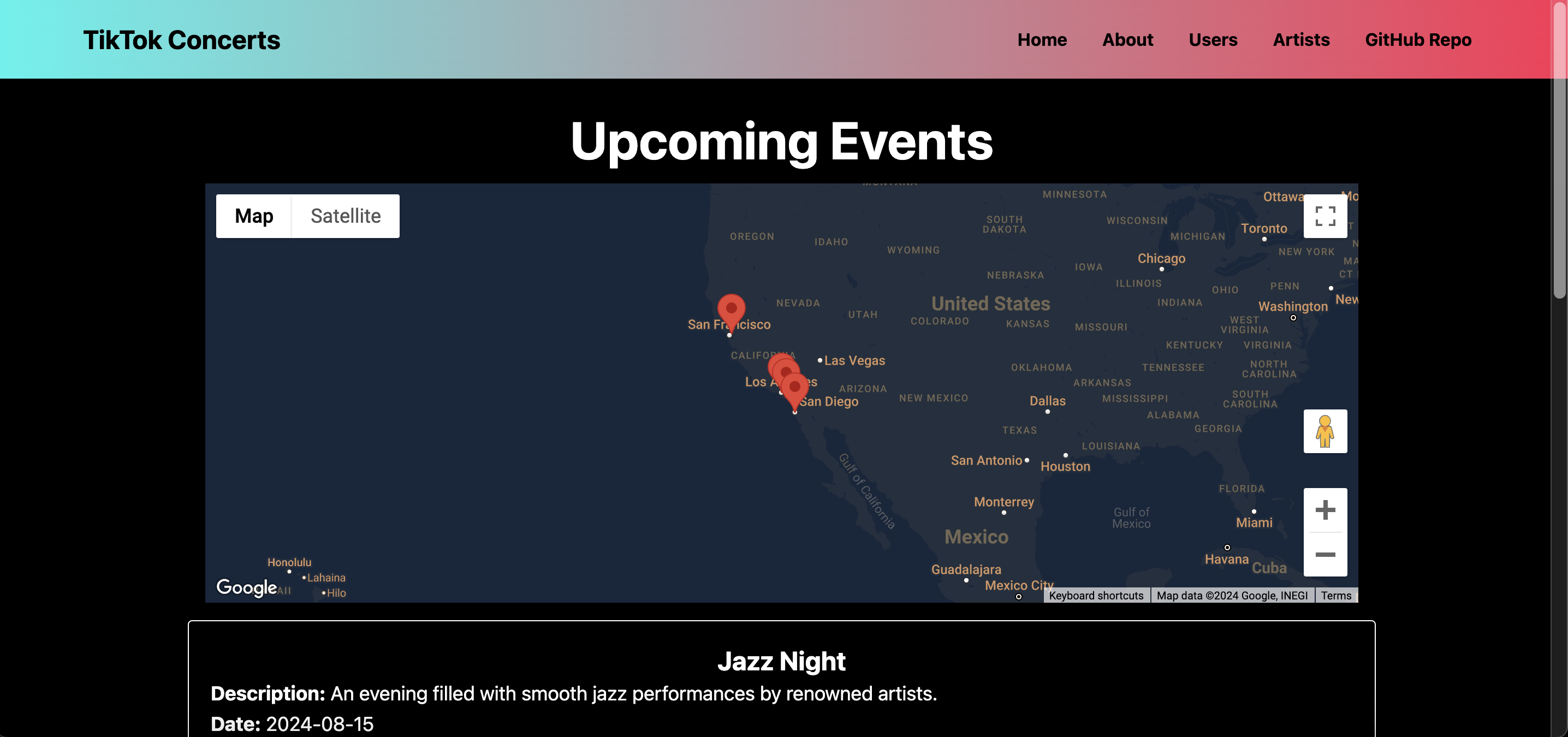 Screenshot of a website titled "TikTok Concerts," showing upcoming events on a map of the United States, focusing on California with event locations marked in San Francisco, Los Angeles, and San Diego. Below the map is a description of a "Jazz Night" event scheduled on 2024-08-15. The website has navigation links for Home, About, Users, Artists, and GitHub Repo at the top.