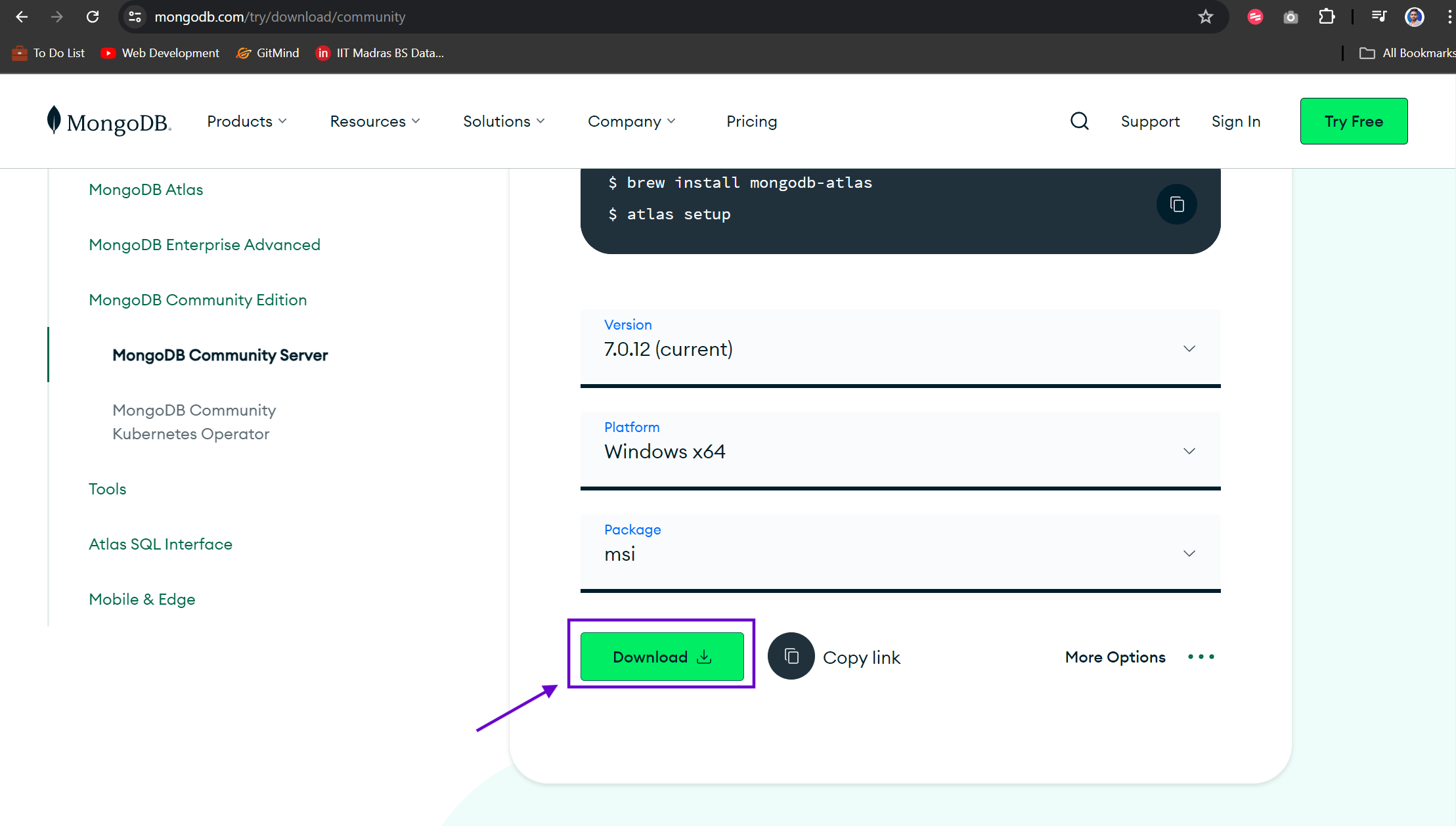 Screenshot of the MongoDB Community Server download page showing version 7.0.12 for Windows x64. A green "Download" button is highlighted at the bottom.