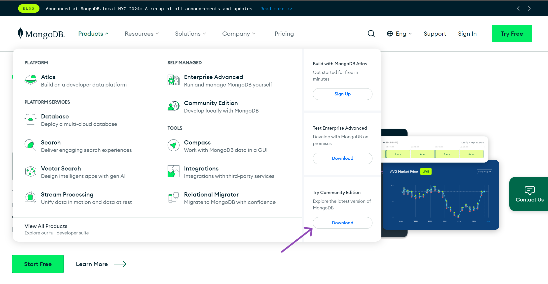 Screenshot of MongoDB's website showing various products like Atlas, Database, Search, Vector Search, Stream Processing, Enterprise Advanced, Community Edition, Compass, Integrations, and Relational Migrator. Options for signing up and downloading different editions are visible on the right. A banner highlights MongoDB.local NYC 2024.
